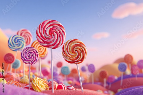 A fun and bright rainbow lollipop candy on a stick swirls on a green background