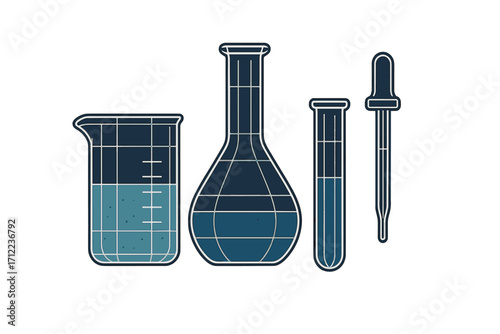 Scientific laboratory glassware set including beaker flask test tube and dropper filled with blue liquid for experiments