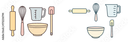 Assortment of essential baking tools and kitchen utensils for cooking, pastry preparation, and culinary activities