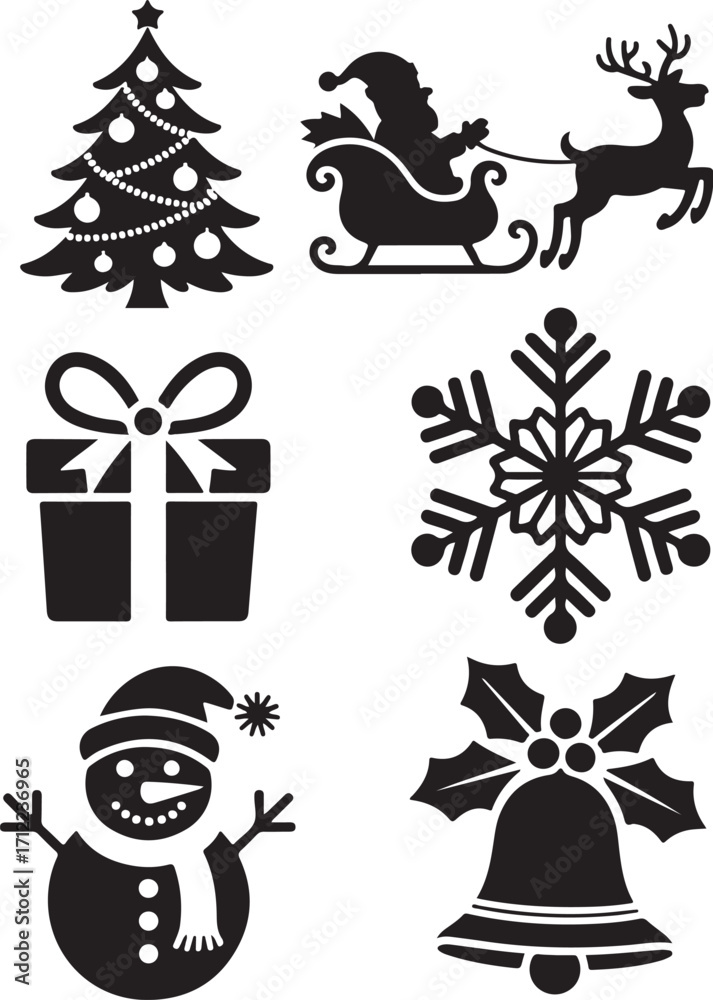 Naklejka premium Festive Christmas icons: tree, Santa, snowman, gift, snowflake