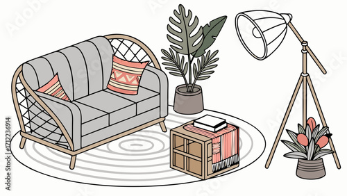 Isometric illustration of a living room with sofa plants and floor lamp.