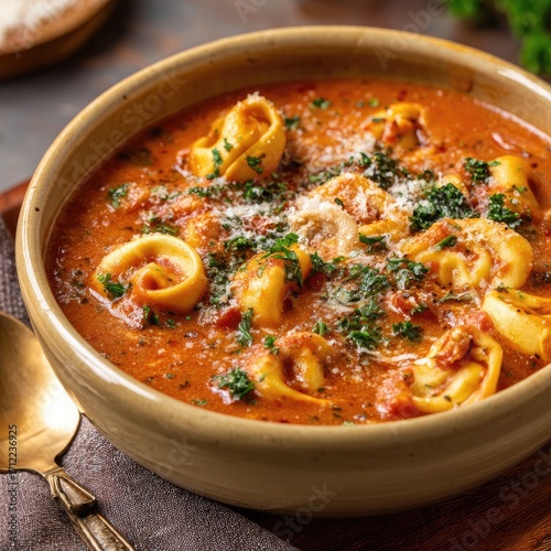 A rustic bowl of creamy tomato soup filled with cheese tortellini, garnished with fresh parsley and grated cheese.  The soup is served in a beige bowl, next to a spoon on a dark brown surface