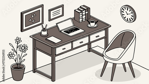 Isometric illustration of a minimalist home office workspace with desk chair laptop and decor.