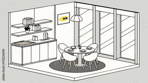Isometric illustration of a modern dining area with kitchen elements and stylish furniture.