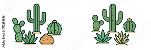 Minimalist design of diverse cactus and succulent species, featuring saguaro, prickly pear, and agave plants