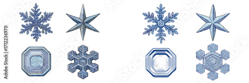 Diverse set of blue winter snowflakes featuring intricate patterns, geometric shapes, and delicate crystalline structures