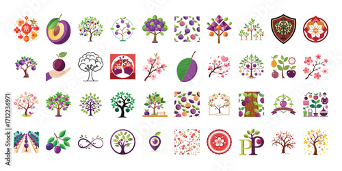 A set of vector art Diverse Plum Tree Logo Designs and Illustrations for Branding and Creative Projects Set of 40 on white background
