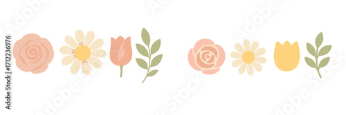 Charming collection of soft pastel floral elements featuring roses, daisies, and tulips with green botanical leaves