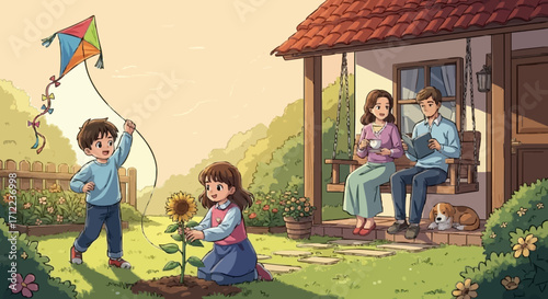 A family enjoys a sunny day outdoors, with a boy flying a kite, a girl planting a sunflower, and parents relaxing on a porch.