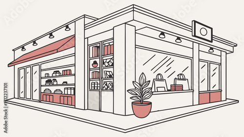 Isometric Illustration of a Retail Store Front with Awning Shelves and Shopping Bags.