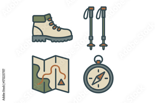 Essential outdoor adventure gear set including hiking boot, trekking poles, map, and compass for wilderness navigation