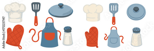 Collection of essential kitchen items including chef's hat, apron, oven mitt, spatula, pot lid, and salt shaker for cooking and culinary themes