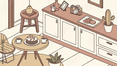Isometric Illustration of Cozy Kitchenette with Coffee Cake and Plants.