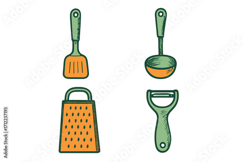 Essential kitchen cooking tools and utensils collection, featuring spatula, ladle, grater, and peeler