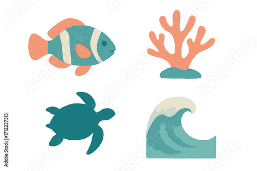 Underwater marine life and ocean elements with fish, coral, sea turtle, and wave in a stylized watercolor texture