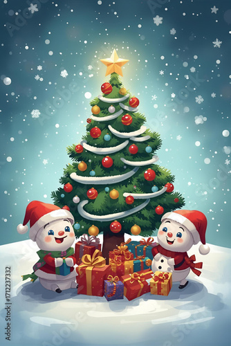 christmas tree with gifts and snowman