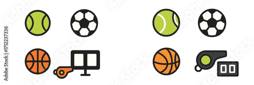 Various sports equipment items including tennis balls, soccer balls, basketballs, whistles, and a digital scoreboard