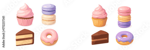 Assortment of colorful sweet desserts and pastries including cupcakes macarons donuts and cake slices with frosting