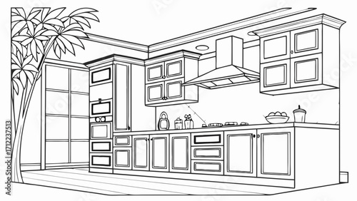 Kitchen Design Line Drawing Modern Cabinets Home Interior Architectural Sketch Plan Blueprint Home Improvement Renovation Cooking Space Room Layout Kitchen Appliances Culinary Food P.