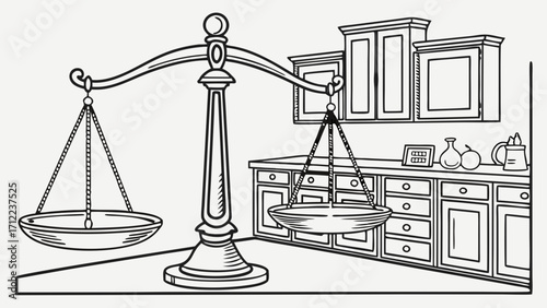 Kitchen scales and cabinets line drawing illustration home decor balance justice weights measurement cooking design interior kitchenware vintage retro black and white graphic drawi.