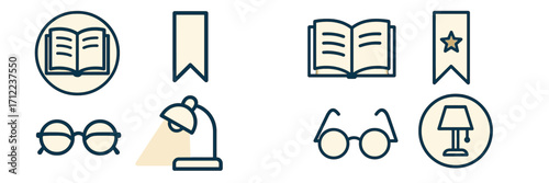 Educational reading and study items featuring open books, bookmarks, eyeglasses, and desk lamps