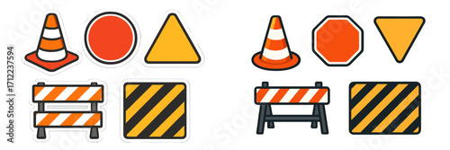 Essential road construction safety elements including traffic cones, warning signs, stop signs, and barriers