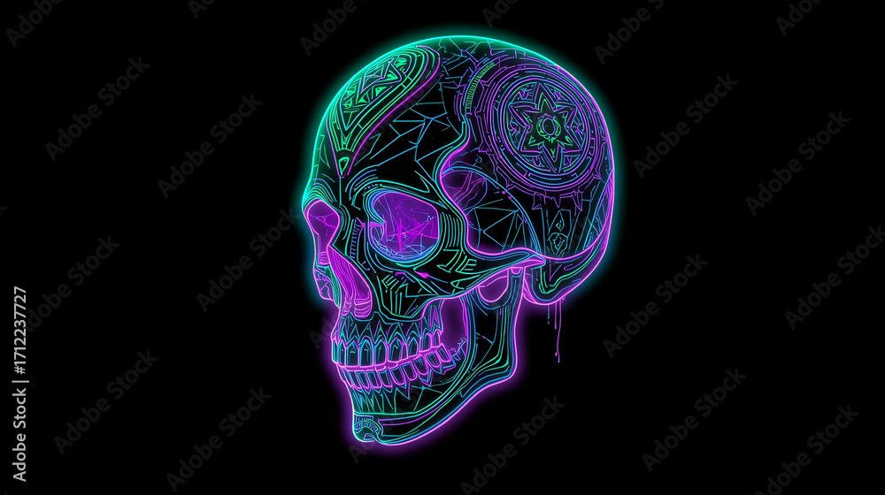 Fototapeta premium Neon Glowing Intricate Skull with Geometric and Tribal Patterns in Purple and Turquoise on Black Background Digital Illustration