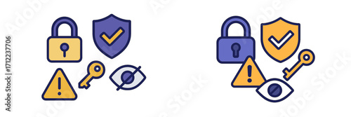 Digital security and privacy icons set including padlock, shield, key, warning, and hidden visibility symbols for data protection and access control