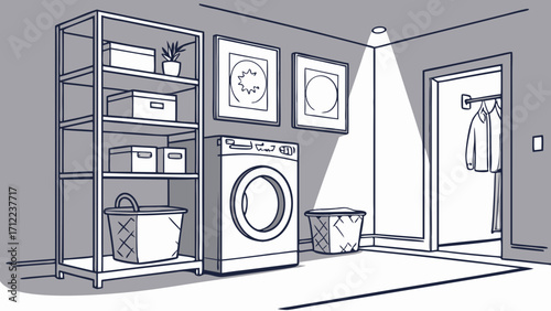 Laundry room interior design modern minimalist home utility space washing machine shelving unit storage closet clean design home organization simple illustration vector art apartment de.