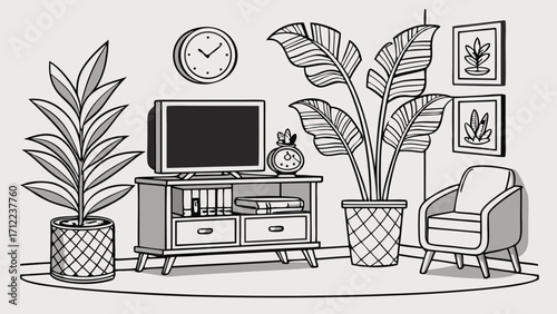 Living Room Interior Design Home Decor Illustration Black and White Drawing Cozy Room Plants TV Armchair Furniture Mid Century Modern Style Home Office Relaxation Space Comfortable Set.