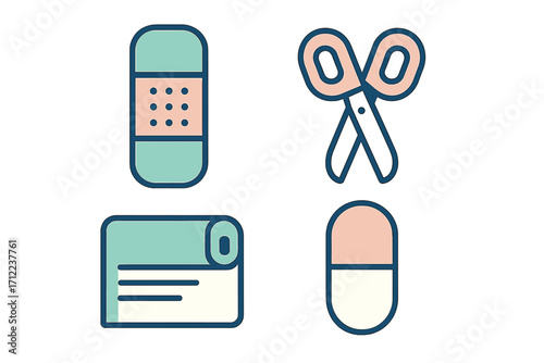 Collection of essential medical first aid and healthcare tools including bandage scissors gauze and capsule