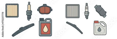 Essential automotive spare parts and fluids for vehicle maintenance including filters, spark plugs, brake pads, and oil