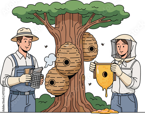 Beekeeping activity, honey harvesting, protective gear, tree hives, bee smoker, honeycomb inspection, outdoor nature, apiary work, buzzing bees, teamwork effort