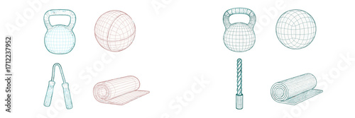 Fitness equipment including kettlebells, exercise balls, jump ropes, and yoga mats presented in wireframe design