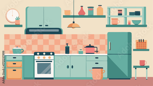 A retroinspired kitchen with pastel colored cabinets and open shelving complemented by modern Scandinavian appliances and a subway tile backsplash.