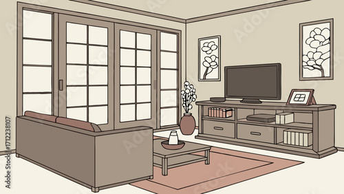 Modern living room interior design illustration cozy apartment home decor neutral tones furniture comfortable couch and TV set home decoration simple style minimalist style vector illustra.