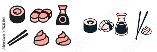 Stylized graphic set of traditional Japanese sushi rolls, nigiri, soy sauce, wasabi, and chopsticks for Asian dining