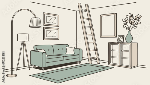 Modern living room interior design illustration minimalist apartment decor sofa ladder cabinet lamps pictures rug home design comfortable space.