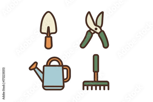 Essential gardening tools set featuring a hand trowel, pruning shears, watering can, and rake for planting and yard work