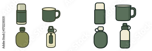 Collection of outdoor hydration equipment including thermoses, mugs, canteens, and water bottles for camping and travel