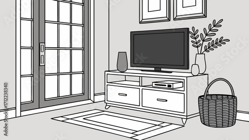 Modern living room interior design with TV stand rug and decor.