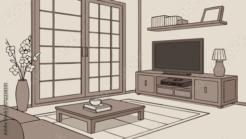 Modern living room interior design minimalist home decor flat illustration simple furniture TV stand coffee table sofa potted plant shelf with books floor lamp calm atmosphere cozy apa.