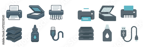 Essential office equipment and computer peripherals including printers, scanners, shredders, paper trays, and USB cables