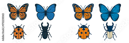 Diverse insect collection featuring monarch butterfly, blue butterfly, ladybug, and stag beetle designs