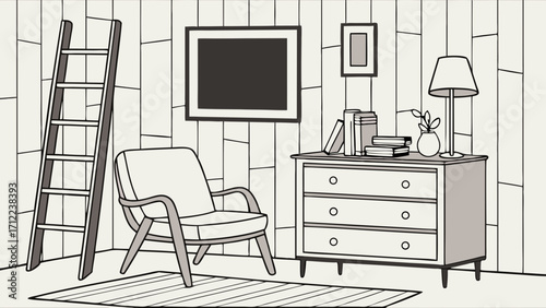 Modern minimalist living room interior design with chair ladder and dresser.