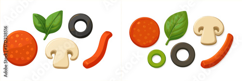 Assortment of fresh pizza ingredients including pepperoni, mushrooms, olives, basil, and bell pepper slices