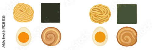Assortment of classic ramen ingredients featuring golden noodles, a perfectly cooked soft-boiled egg, dark green seaweed, and savory chashu pork slices