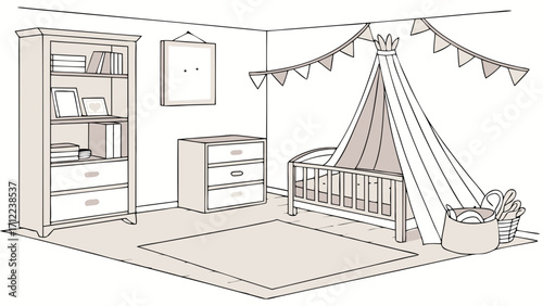 Nursery room interior design baby crib with canopy bookcase dresser and decor illustration.