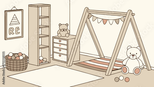 Nursery Room Interior Design with Play Tent and Toys.