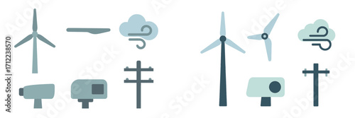 Essential flat design icons representing renewable wind energy, electricity generation, and power distribution infrastructure elements for sustainable solutions